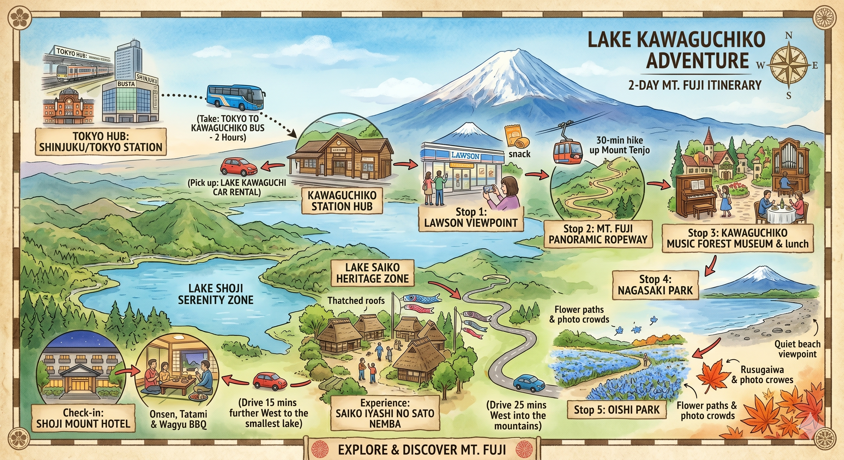 An illustrated travel map infographic titled Lake Kawaguchiko Adventure showing a 2-day Mt Fuji itinerary from Tokyo, detailing stops at the Lawson viewpoint, panoramic ropeway, music forest museum, Nagasaki Park, Oishi Park, Saiko Iyashi no Sato Nemba, and ending at Lake Shoji.