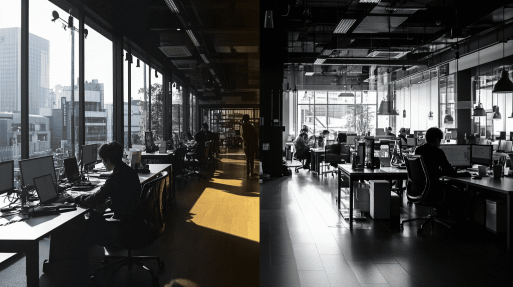 Cover image for an article on Black and White Companies in Japan, contrasting the working environments of black companies and white companies. The image visually represents the differences in work culture, highlighting the challenges faced by foreign workers in Japan and Japan job seekers. The left side of the image depicts a black company, showing a stressful and oppressive office environment, while the right side represents a white company with a bright and supportive workspace