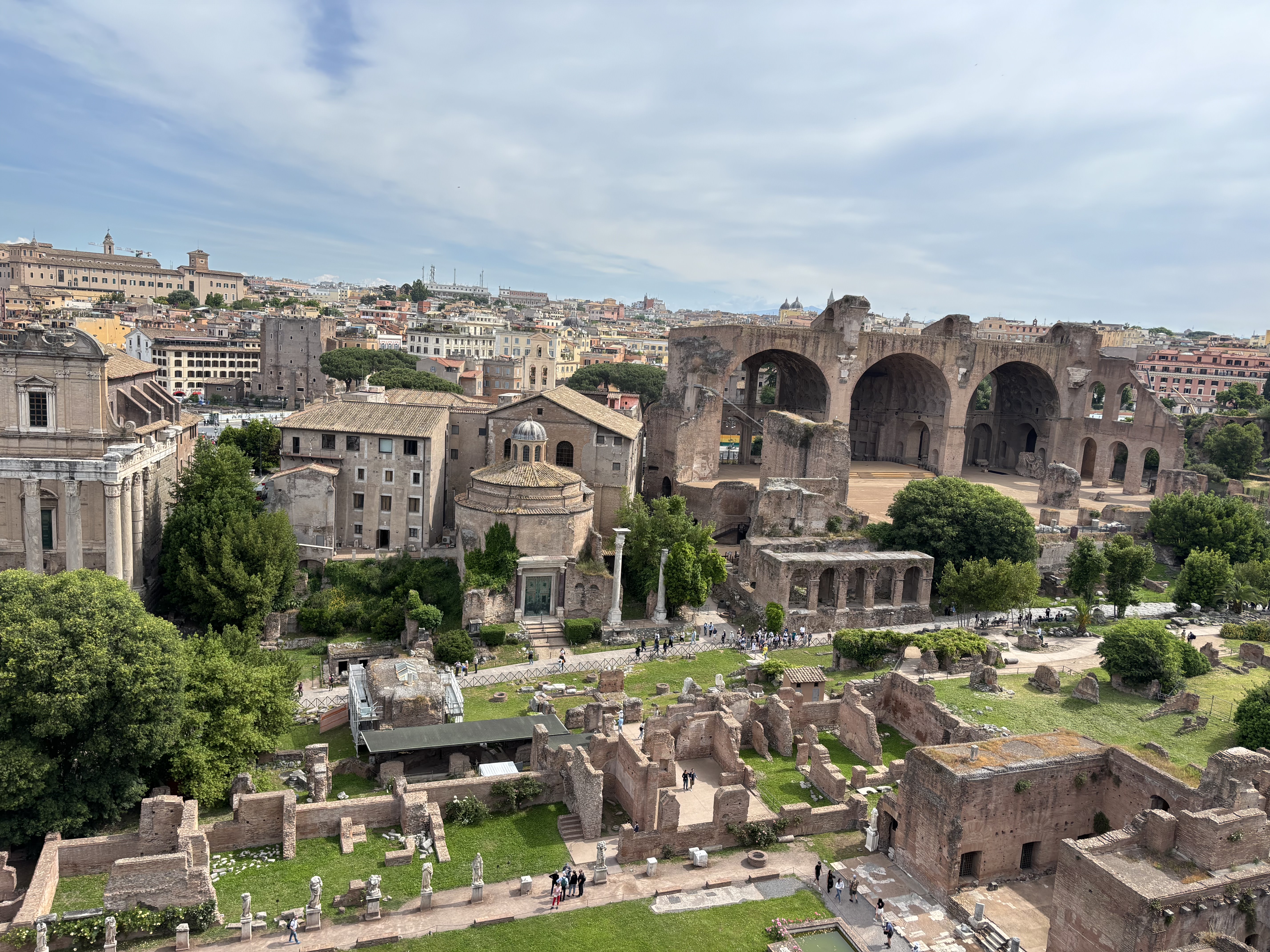 View from Palatine Hill overlooking Julius Caesar’s grave and the Roman Forum below, where ancient Roman life once thrived.